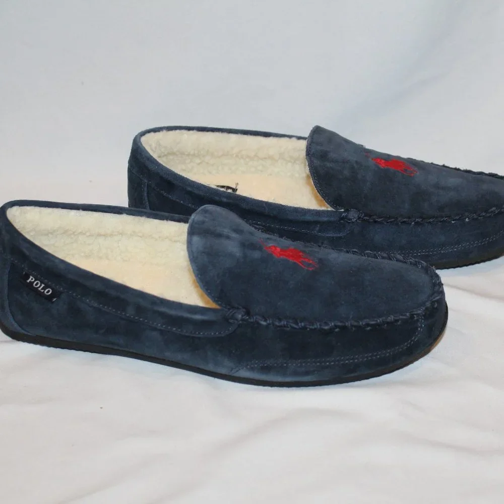NIB POLO RALPH LAUREN MEN'S SUEDE COMFORT‎ SLIPPERS NAVY BLUE RED